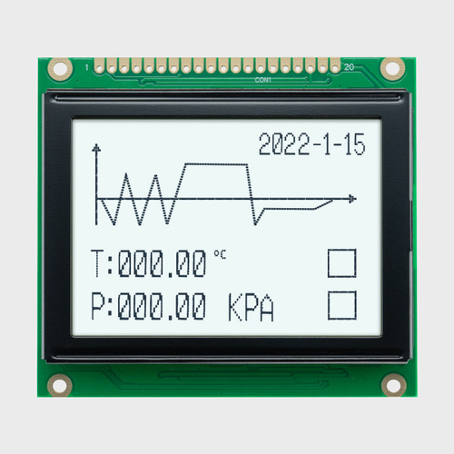 Front view of a 128x64 graphic LCD module with dark pixels on a white backlit screen.
