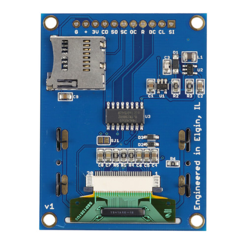Backside of a blue OLED module PCB showcasing various components and the 1x11 thru hole connection points.