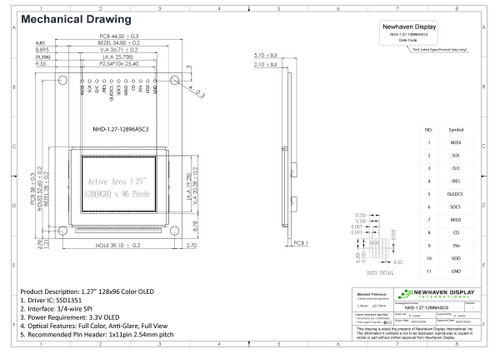 Especificação do desenho para NHD-1.27-12896ASC3