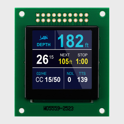 Front view of a 1.5 OLED display with 128x128 pixels on a green PCB, showing a full-color informational readout for scuba diving.