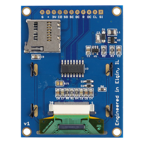 Backside of a blue OLED module PCB showcasing various components and the 1x11 thru hole connection points.