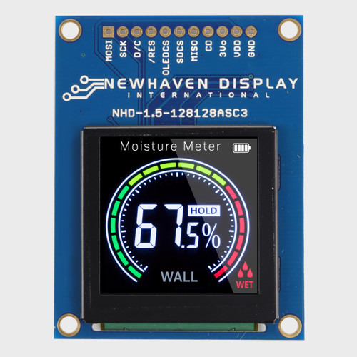 Front view of an 1.5 OLED module with blue PCB showing a full-color graphic in 128x128 pixel resolution.