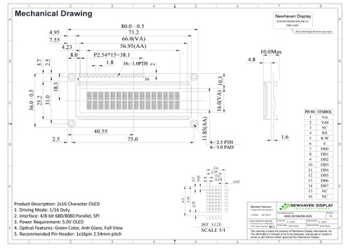 Especificação do desenho para NHD-0216KZW-AG5