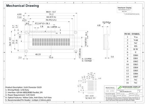 Especificación de dibujo para NHD-0216KZW-AY5