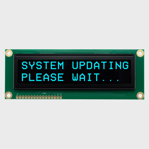 Front view of a 16x2 character OLED display module on a green PCB showing illuminated blue text on a black background.
