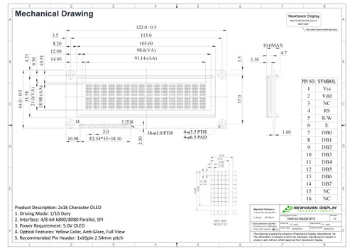 Especificação do desenho para NHD-0216SZW-BY5