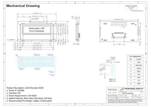 Tekeningspecificatie voor NHD-0216AW-SB3