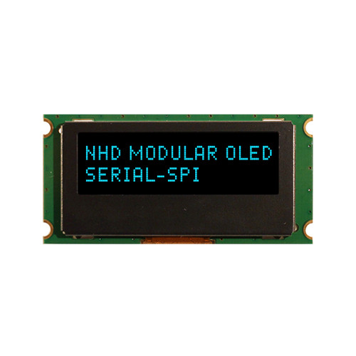 Front view of a 16x2 character OLED display module on a green PCB showing illuminated blue text on a black background.