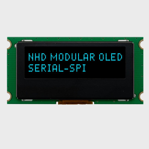 Front view of a 16x2 character OLED display module on a green PCB showing illuminated blue text on a black background.
