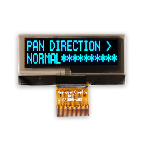 Front view of a PCB-less 16x2 character OLED display with attached 24-pin FFC cable showing illuminated blue text on a black background.