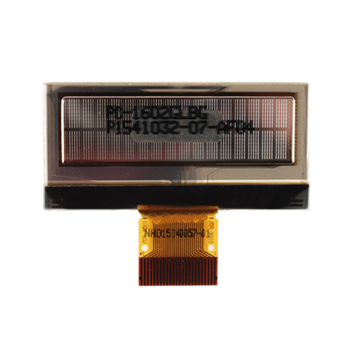 Flat silver backside of an OLED display with visible character pixel grids and an attached 24-pin FFC cable.