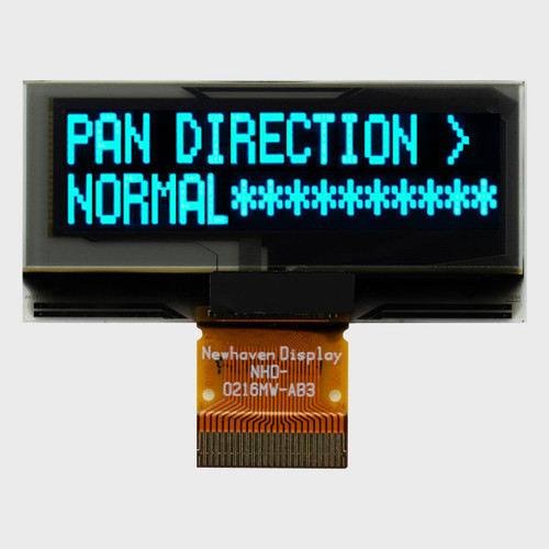 Front view of a PCB-less 16x2 character OLED display with attached 24-pin FPC cable showing illuminated blue text on a black background.