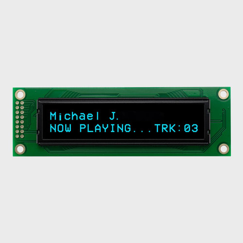 Front view of a 20x2 character OLED display module on a green PCB showing illuminated blue text on a black background.