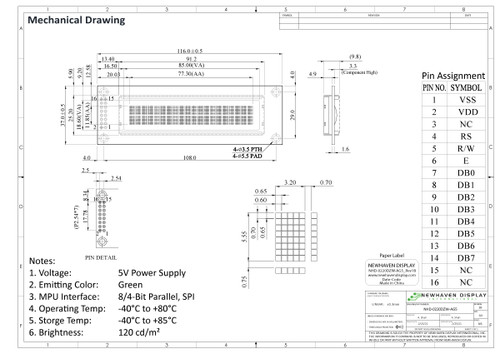 Especificação do desenho para NHD-0220DZW-AG5