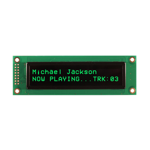 Green 20x2 character OLED display front ON