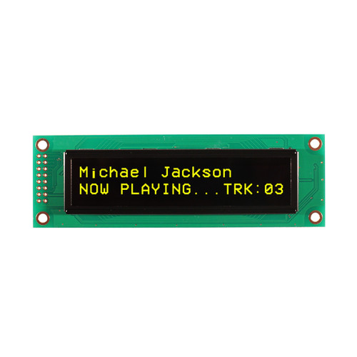 Yellow 2x20 character OLED display front ON