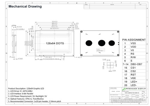 Especificação do desenho para NHD-12864AZ-FSW-GBW-VZ