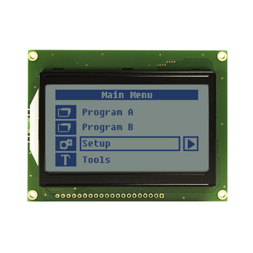 Front view of a 128x64 pixel graphic LCD showing a simple menu interface made of dark pixels on an unlit STN+ gray screen.