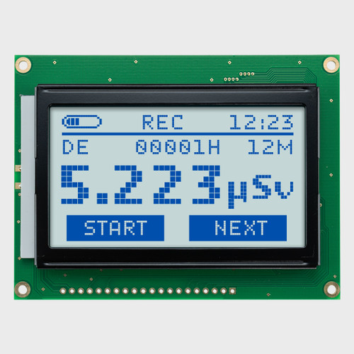 Front view of a 128x64 graphic LCD module showing a Radiation Dosimeter application in blue monochrome pixels on a gray background.