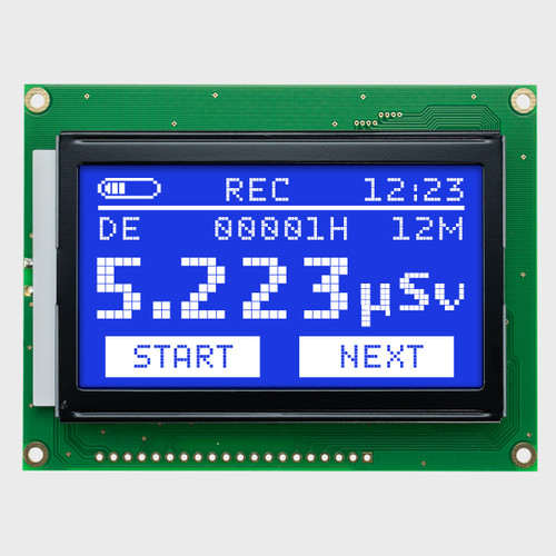 Front view of a 128x64 graphic LCD module showing a simple informational readout in backlit white pixels on a blue background.