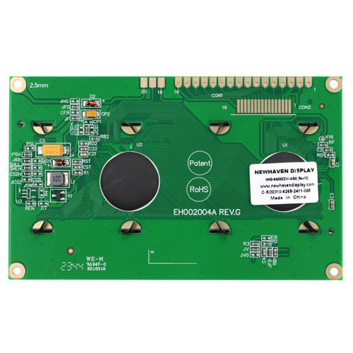 A green circuit board mounted to the back of an OLED display, showing various components, the 1x16 thru hole connection points, and a white label with the model number (NHD-0420DZW-AG5) in black text.