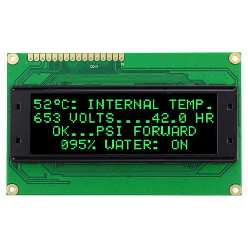 Front view of a 20x4 character OLED display module on a green PCB showing illuminated green text on a black background.