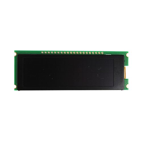 Front view of a 20x4 character slim OLED display module on a green PCB with an inactive black screen.
