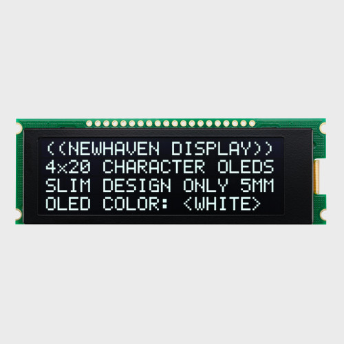 Front view of a 20x4 character slim OLED display module on a green PCB showing illuminated white text on a black background.
