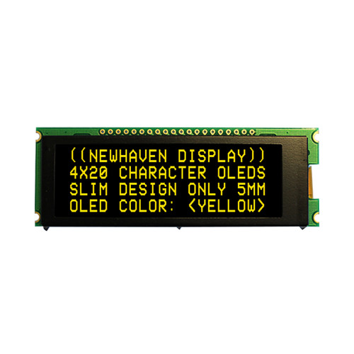 Geel 4x20 karakter Slim OLED display voorzijde ON