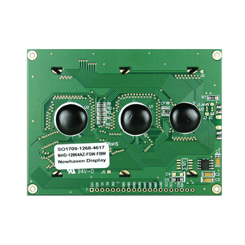 Backside view of a circuit board with various components and a white label featuring the display's model number (NHD-12864AZ-FSW-FBW).