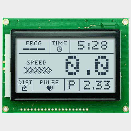 Front view of a 128x64 pixel graphic LCD showing a simple menu interface made of dark pixels on a backlit white screen.