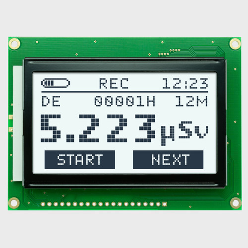 Front view of a 128x64 graphic LCD module showing a simple informational readout in dark pixels on a backlit white background.