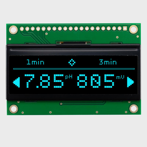Front view of an OLED module with a 128x32 pixel display on a green PCB, showing a monochrome blue informational readout.
