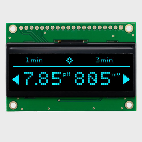 Front view of a 128x32 pixel monochrome blue graphic OLED display on a green PCB showing a simple informational readout.