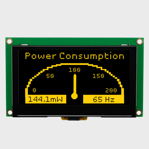 Front view of a 2.7 graphic OLED module with green PCB showing showing a speedometer gauge in yellow 128x64 pixels.