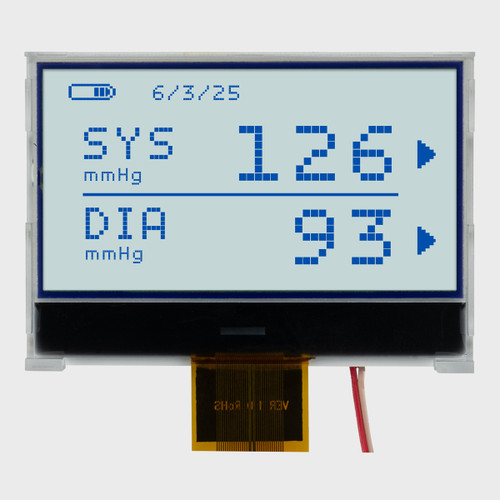 Front view of a 128x65 pixel graphic COG LCD showing a simple informational readout in dark text on a backlit white background.