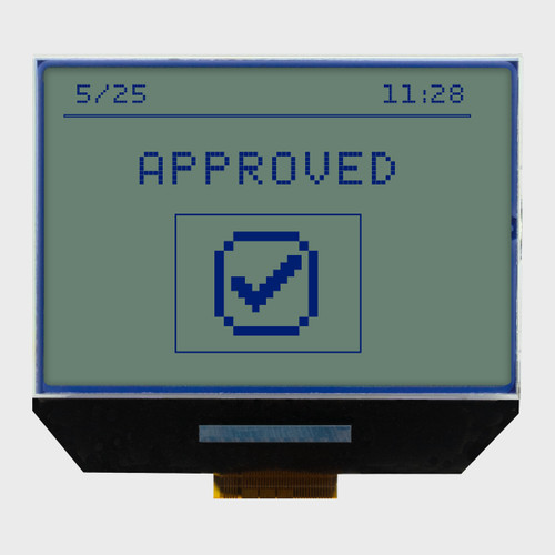 Front view of a 160x100 pixel graphic COG LCD showing a simple transaction approval message and icon in dark text on an unlit STN+ gray screen.