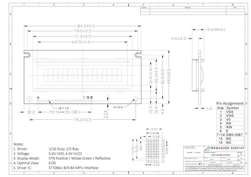 Especificação do desenho para NHD-0216BZ-RN-YBW