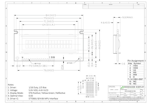 Tekeningspecificatie voor NHD-0216BZ-RN-YBW