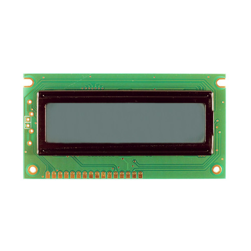 Front view of an unlit 16x2 character LCD with a blank STN+ gray screen.
