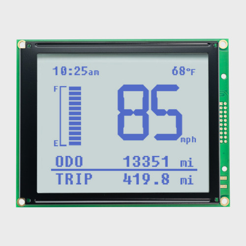 Front view of a 160x128 pixel graphic LCD showing a speedometer readout made of dark pixels on a backlit white screen.