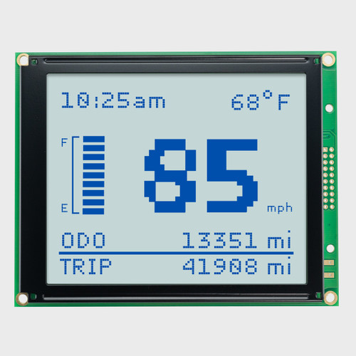 Front view of a 160x128 graphic LCD module showing basic automotive dashboard data with dark pixels on a backlit white screen.