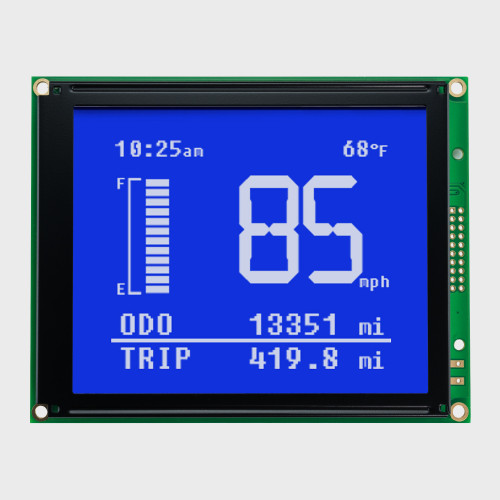 Front view of a 160x128 pixel graphic LCD showing a speedometer readout made of backlit white pixels on a dark blue screen.