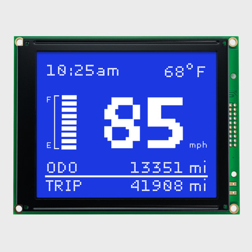 Front view of a 160x128 graphic LCD module showing basic automotive dashboard data with backlit white pixels on a blue background.