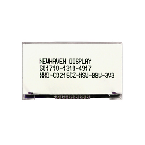 Flat silver backside of an LCD with 1x10 connection pins and the model number (NHD-C0216CZ-NSW-BBW-3V3) printed in black text.