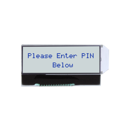 Front view of a 16x2 character LCD without an attached PCB, showing dark text on a backlit white screen.