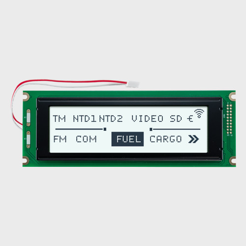 Front view of a 240x64 graphic LCD module showing a simple informational readout with dark pixels on a backlit white screen.