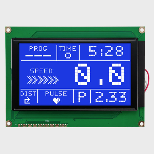 Front view of a 240x128 pixel graphic LCD showing information from a fitness machine made of backlit white pixels on a blue screen.