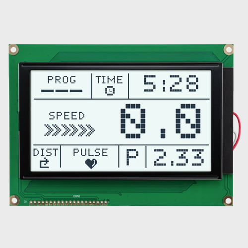 Front view of a 240x128 pixel graphic LCD showing information from a fitness machine made of dark pixels on a backlit white screen.