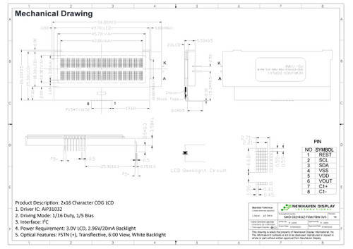 Especificación de dibujo para NHD-C0216CiZ-FSW-FBW-3V3